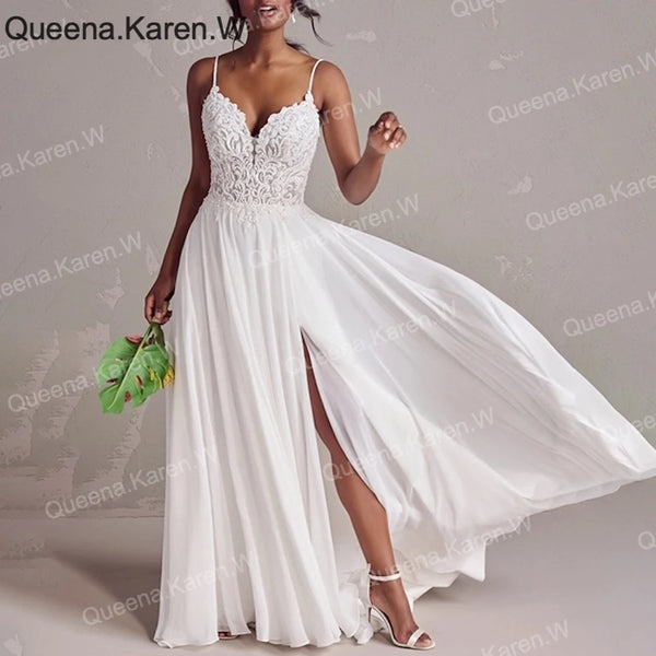 Elegant Boho Wedding Dress strap lace chiffon bride dress robe de mariee A line Wedding Bridal Gown