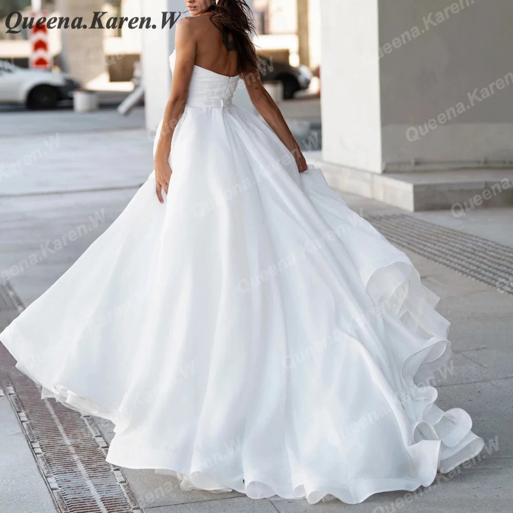Elegant Boho Wedding Dress strapless beading organza bride dress robe de mariee A line Wedding Bridal Gown AL-QK45