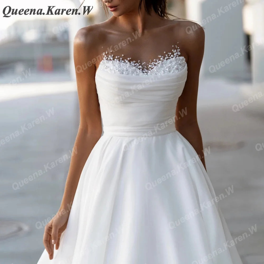 Elegant Boho Wedding Dress strapless beading organza bride dress robe de mariee A line Wedding Bridal Gown AL-QK45