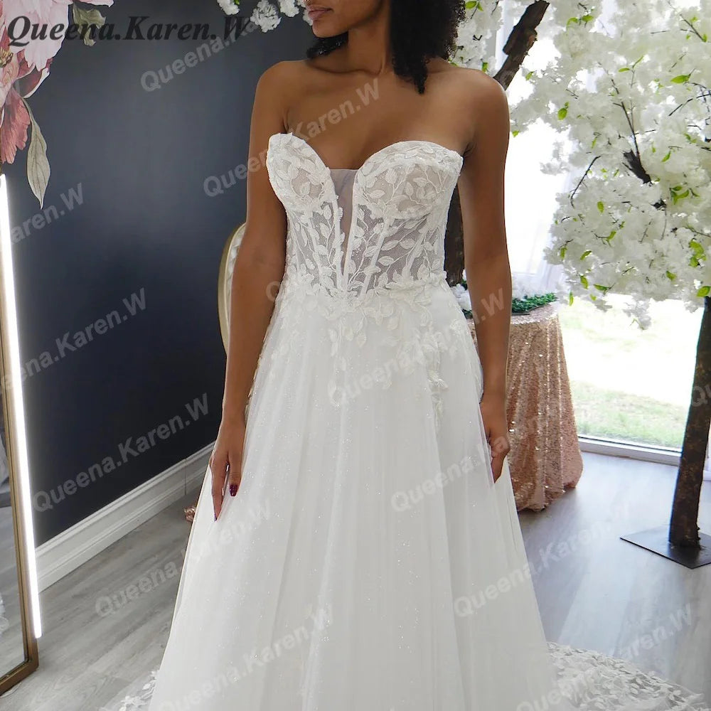 Elegant Boho Wedding Dress strapless lace applique bride dress robe de mariee A line Wedding Bridal Gown AL-QK32