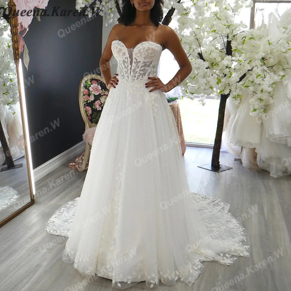 Elegant Boho Wedding Dress strapless lace applique bride dress robe de mariee A line Wedding Bridal Gown AL-QK32 Main image