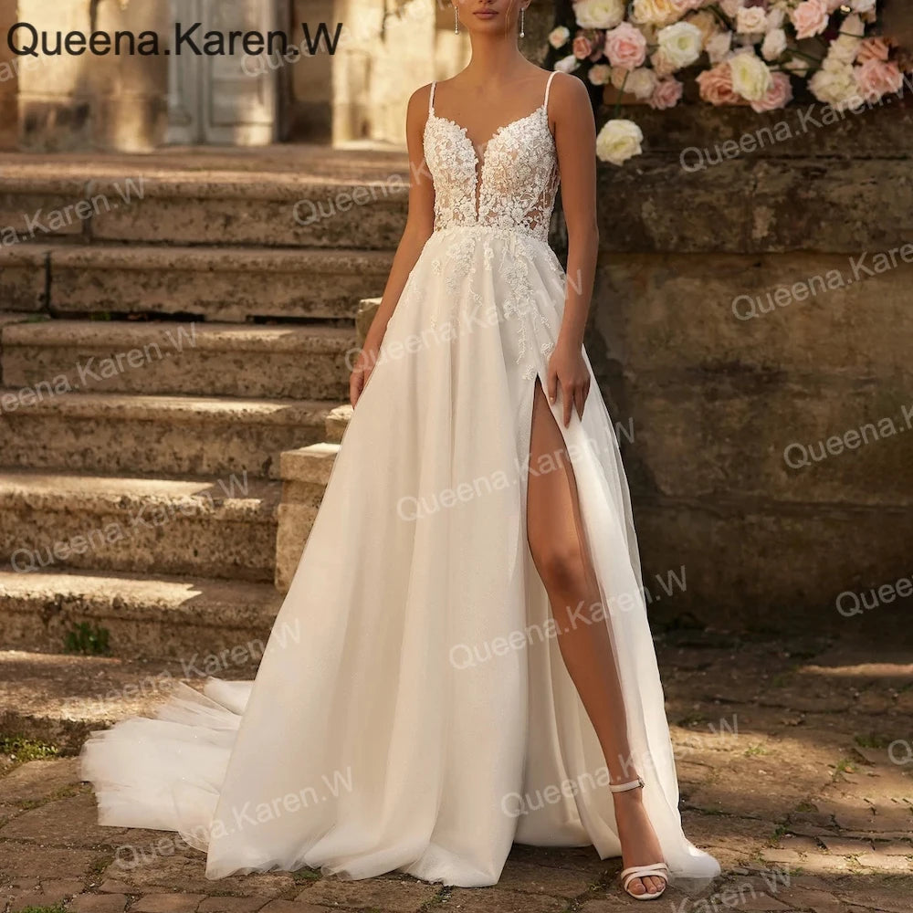 Elegant Boho Wedding Dress sweetheart high slit lace applique bride dress robe de mariee A line Wedding Bridal Gown AL-QK27 Main image