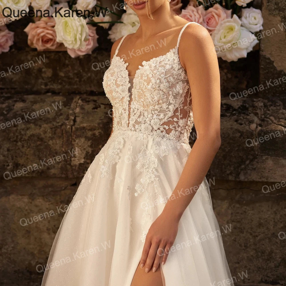 Elegant Boho Wedding Dress sweetheart high slit lace applique bride dress robe de mariee A line Wedding Bridal Gown AL-QK27