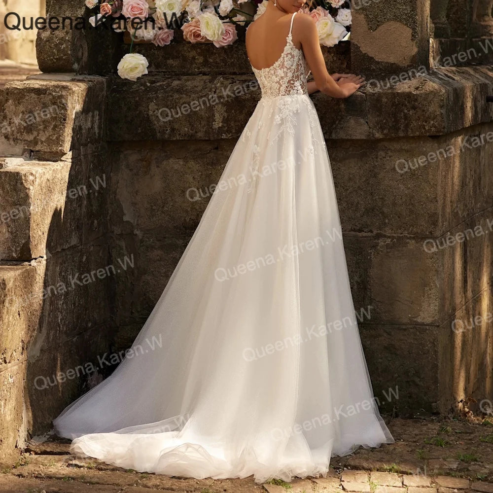 Elegant Boho Wedding Dress sweetheart high slit lace applique bride dress robe de mariee A line Wedding Bridal Gown AL-QK27