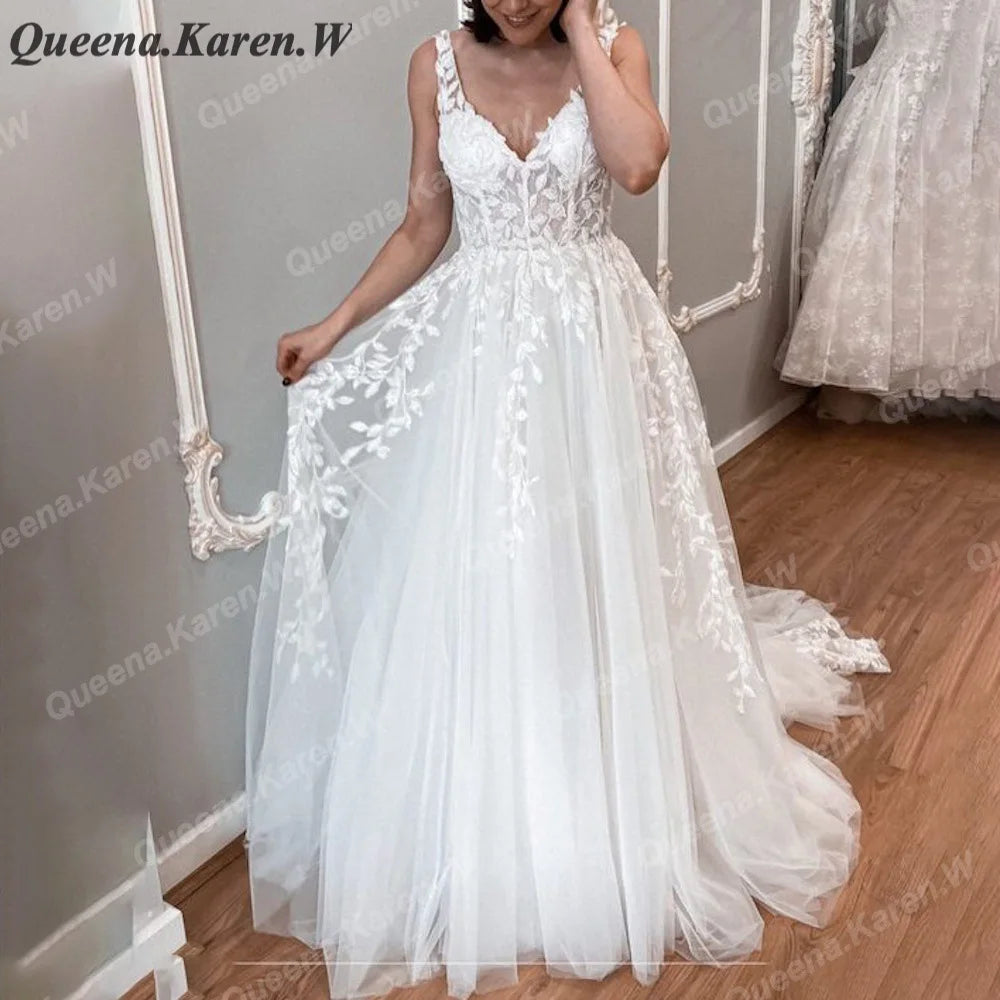Elegant Boho Wedding Dress sweetheart lace applique bride dress robe de mariee A line Wedding Bridal Gown AL-QK95