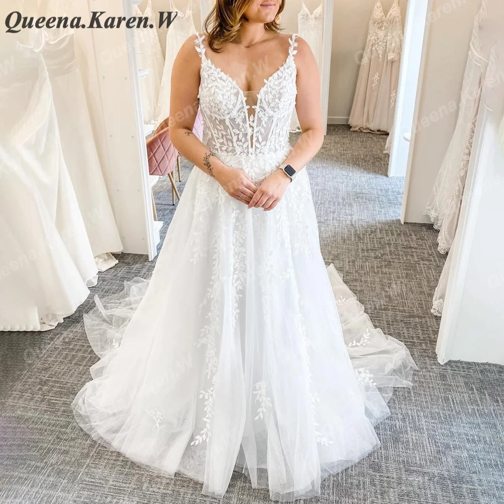 Elegant Boho Wedding Dress sweetheart lace applique bride dress robe de mariee A line Wedding Bridal Gown AL-QK95