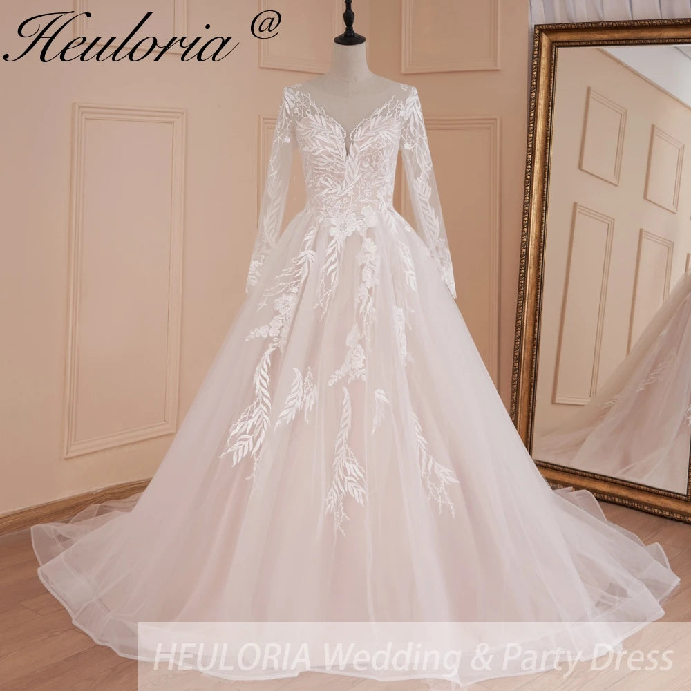 HEULORIA Elegant Lace Wedding Dress PLus size V neck long sleeve Vestidos de novia Bridal Dress AL-562 Main image