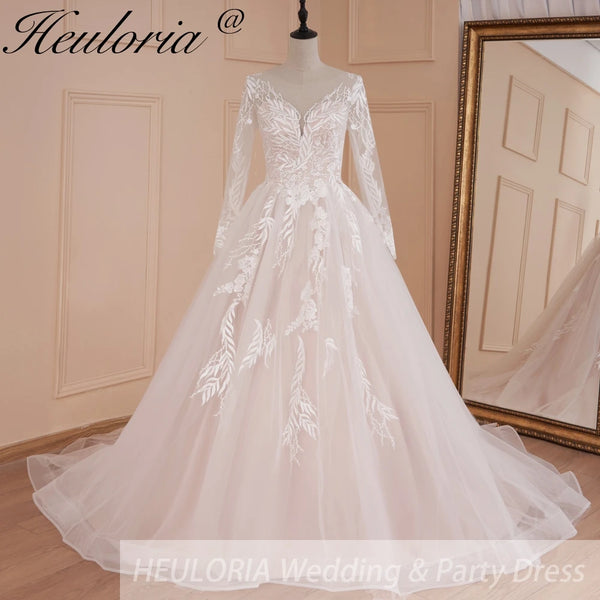 HEULORIA Elegant Lace Wedding Dress PLus size V neck long sleeve Vestidos de novia Bridal Dress