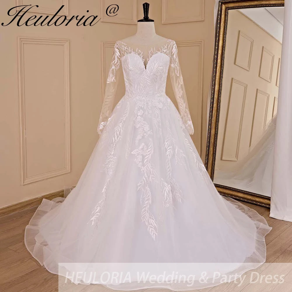 HEULORIA A line Scoop Illusion long sleeve Cathedral Train Tulle Lace Wedding Dress With Sequins AL-674