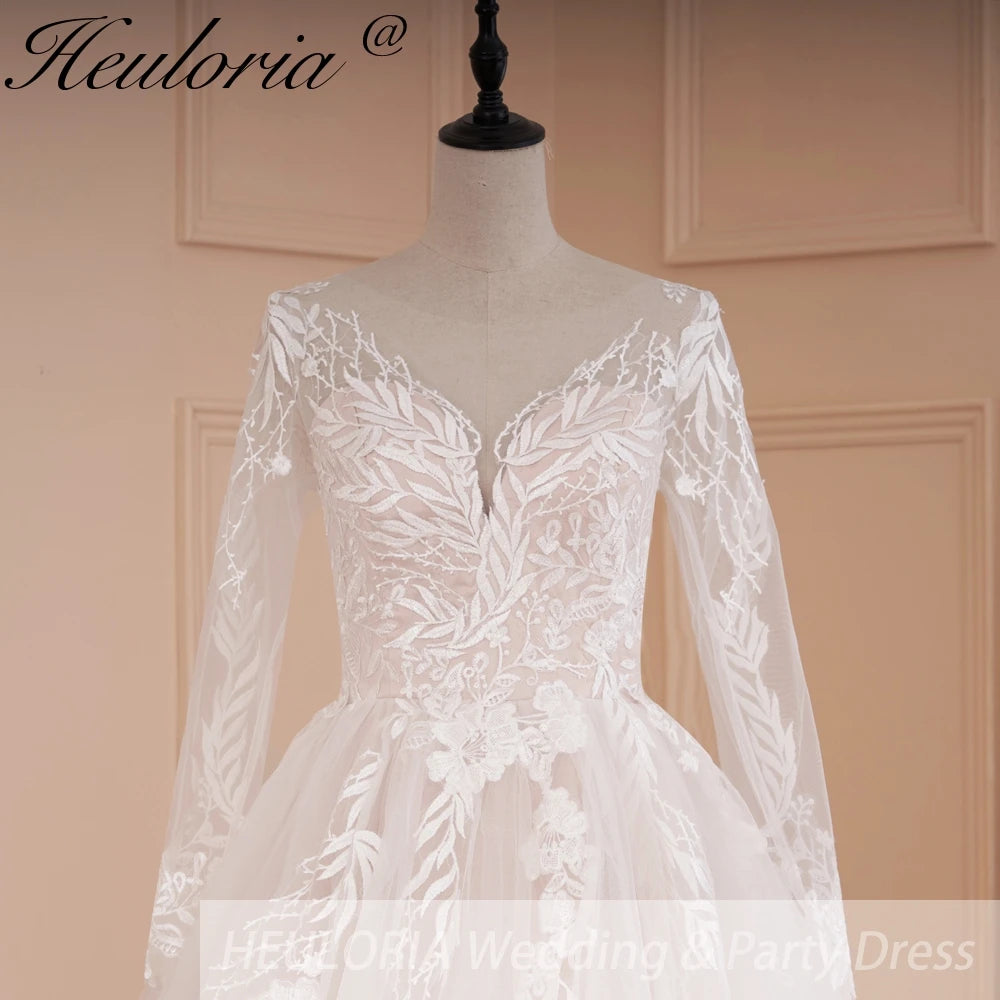 HEULORIA Elegant Lace Wedding Dress PLus size V neck long sleeve Vestidos de novia Bridal Dress AL-562