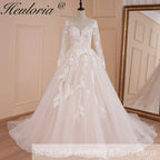 HEULORIA A line Scoop Illusion long sleeve Cathedral Train Tulle Lace Wedding Dress With Sequins AL-674