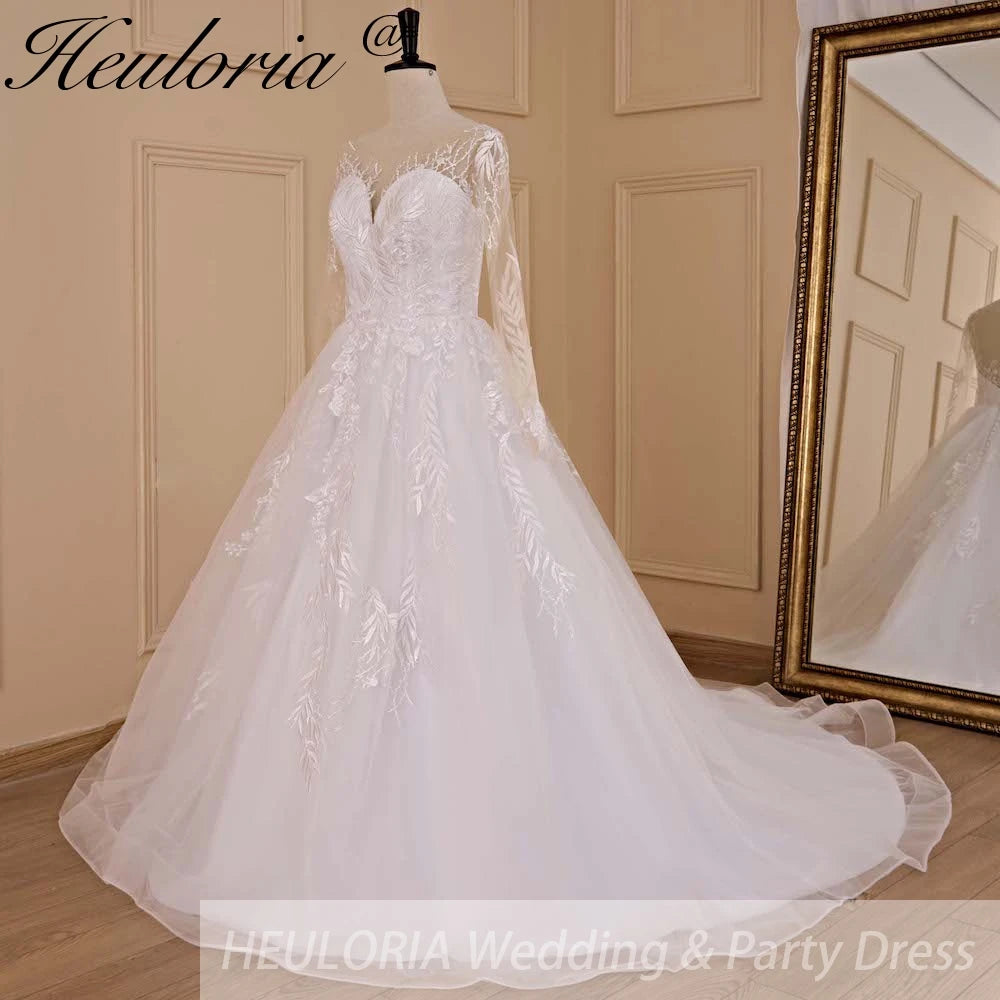HEULORIA A line Scoop Illusion long sleeve Cathedral Train Tulle Lace Wedding Dress With Sequins AL-674