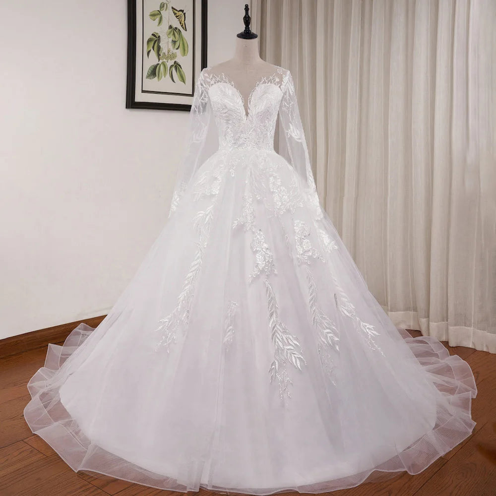 HEULORIA A line Scoop Illusion long sleeve Cathedral Train Tulle Lace Wedding Dress With Sequins AL-674