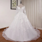 HEULORIA A line Scoop Illusion long sleeve Cathedral Train Tulle Lace Wedding Dress With Sequins AL-674