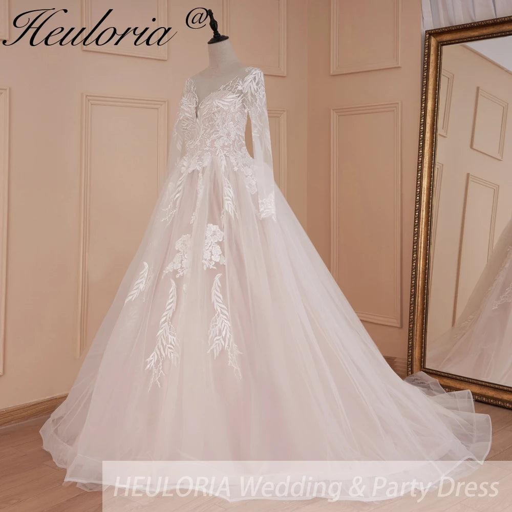 HEULORIA Elegant Lace Wedding Dress PLus size V neck long sleeve Vestidos de novia Bridal Dress AL-562