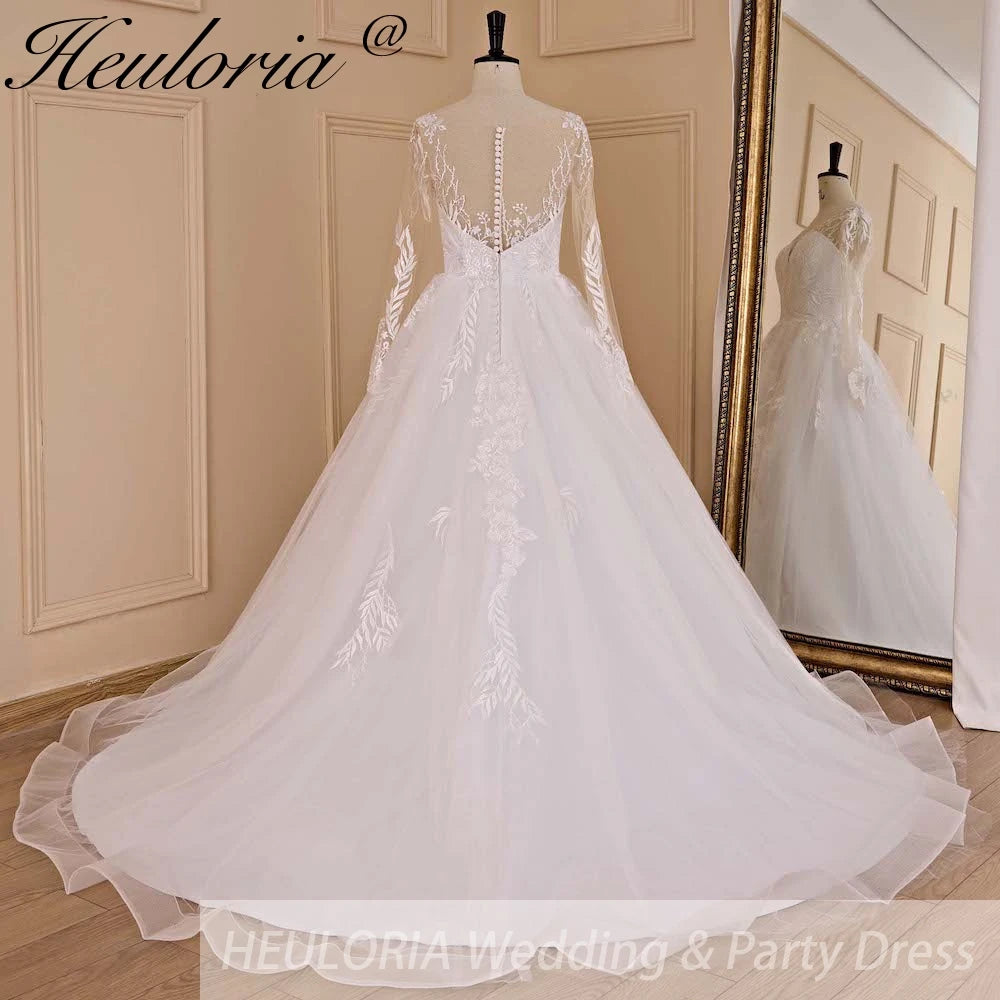 HEULORIA A line Scoop Illusion long sleeve Cathedral Train Tulle Lace Wedding Dress With Sequins AL-674