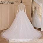 HEULORIA A line Scoop Illusion long sleeve Cathedral Train Tulle Lace Wedding Dress With Sequins AL-674