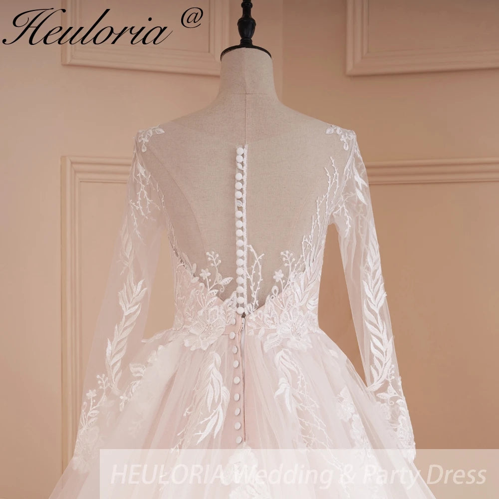 HEULORIA Elegant Lace Wedding Dress PLus size V neck long sleeve Vestidos de novia Bridal Dress AL-562