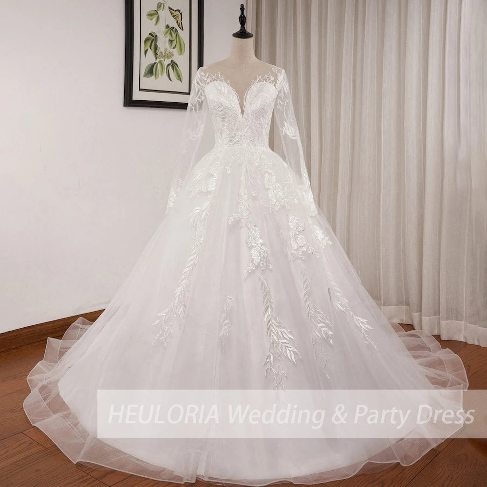 HEULORIA Elegant Lace Wedding Dress PLus size V neck long sleeve Vestidos de novia Bridal Dress AL-562