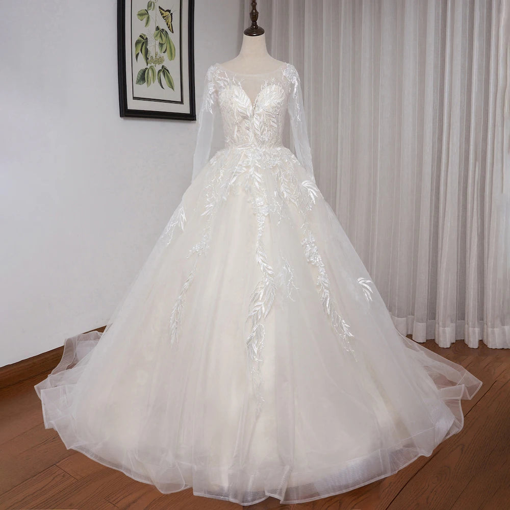 HEULORIA A line Scoop Illusion long sleeve Cathedral Train Tulle Lace Wedding Dress With Sequins AL-674
