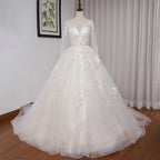 HEULORIA A line Scoop Illusion long sleeve Cathedral Train Tulle Lace Wedding Dress With Sequins AL-674