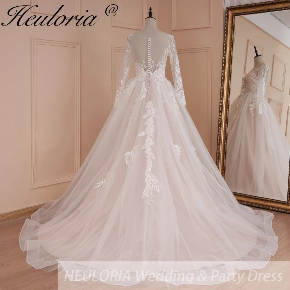 HEULORIA Elegant Lace Wedding Dress PLus size V neck long sleeve Vestidos de novia Bridal Dress AL-562
