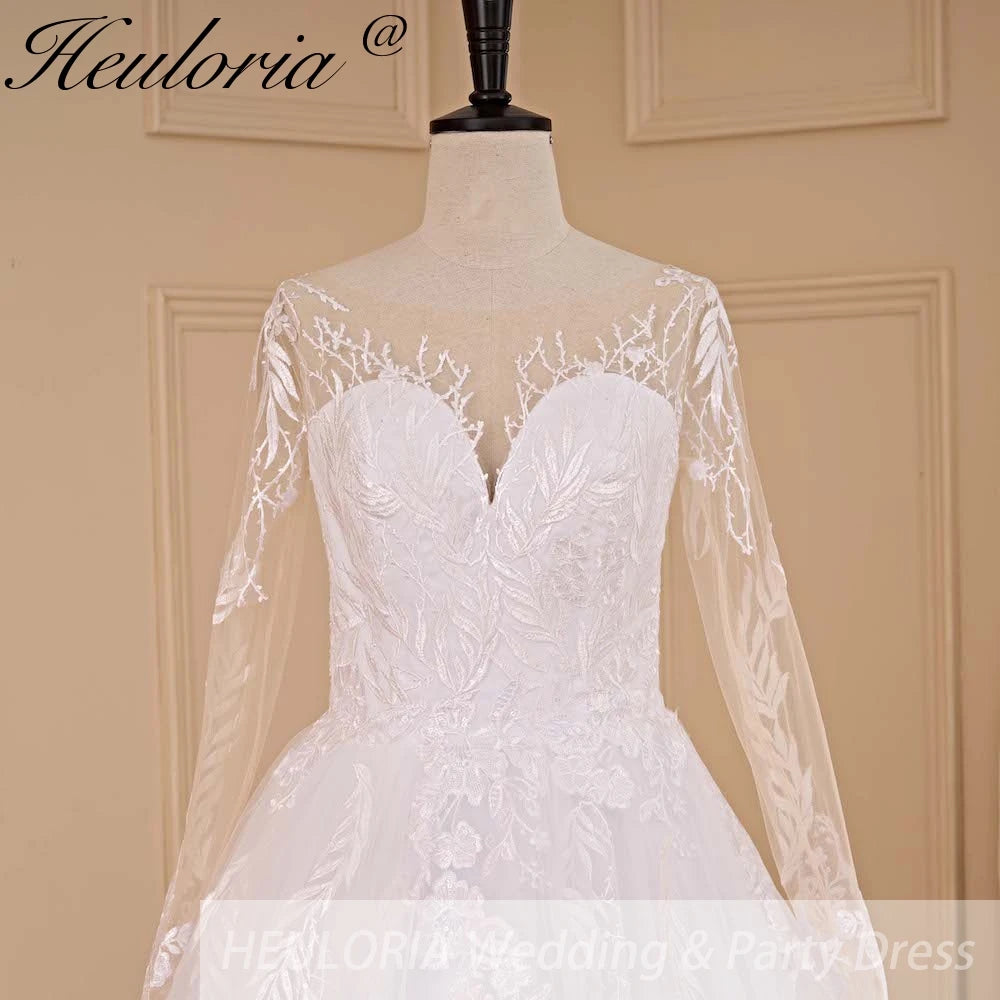 HEULORIA A line Scoop Illusion long sleeve Cathedral Train Tulle Lace Wedding Dress With Sequins AL-674
