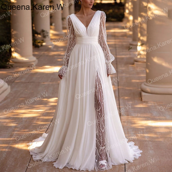 Elegant Wedding Dress long sleeve V neck lace chiffon bride dress robe de mariee A line Wedding Bridal Gown