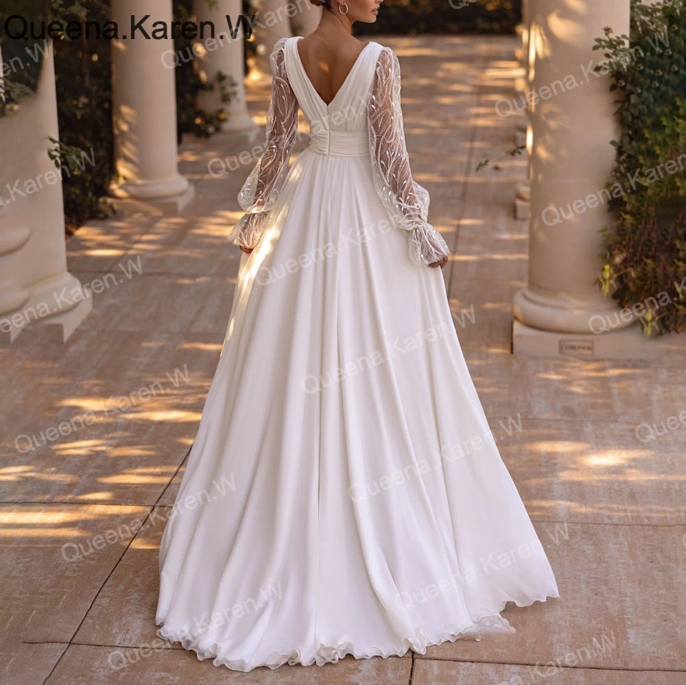 Elegant Wedding Dress long sleeve V neck lace chiffon bride dress robe de mariee A line Wedding Bridal Gown AL-QK225