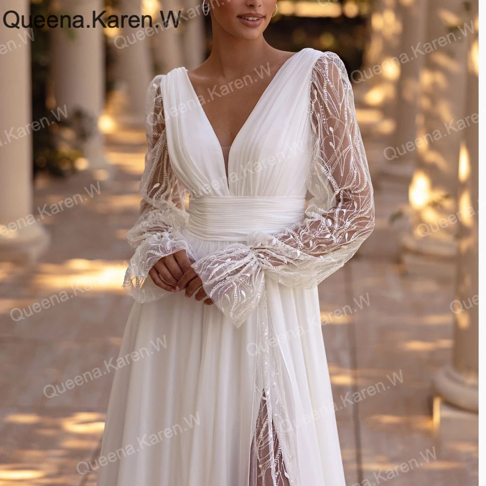 Elegant Wedding Dress long sleeve V neck lace chiffon bride dress robe de mariee A line Wedding Bridal Gown AL-QK225