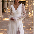 Elegant Wedding Dress long sleeve V neck lace chiffon bride dress robe de mariee A line Wedding Bridal Gown AL-QK225