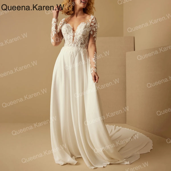 Elegant Wedding Dress long sleeve V neck lace chiffon bride dress robe de mariee A line Wedding Bridal Gown