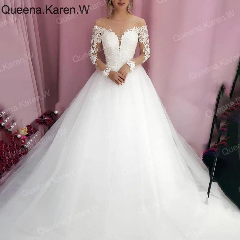 Elegant Wedding Dress long sleeve lace applique lace bride dress robe de mariee A line Wedding Bridal Gown AL-QK159