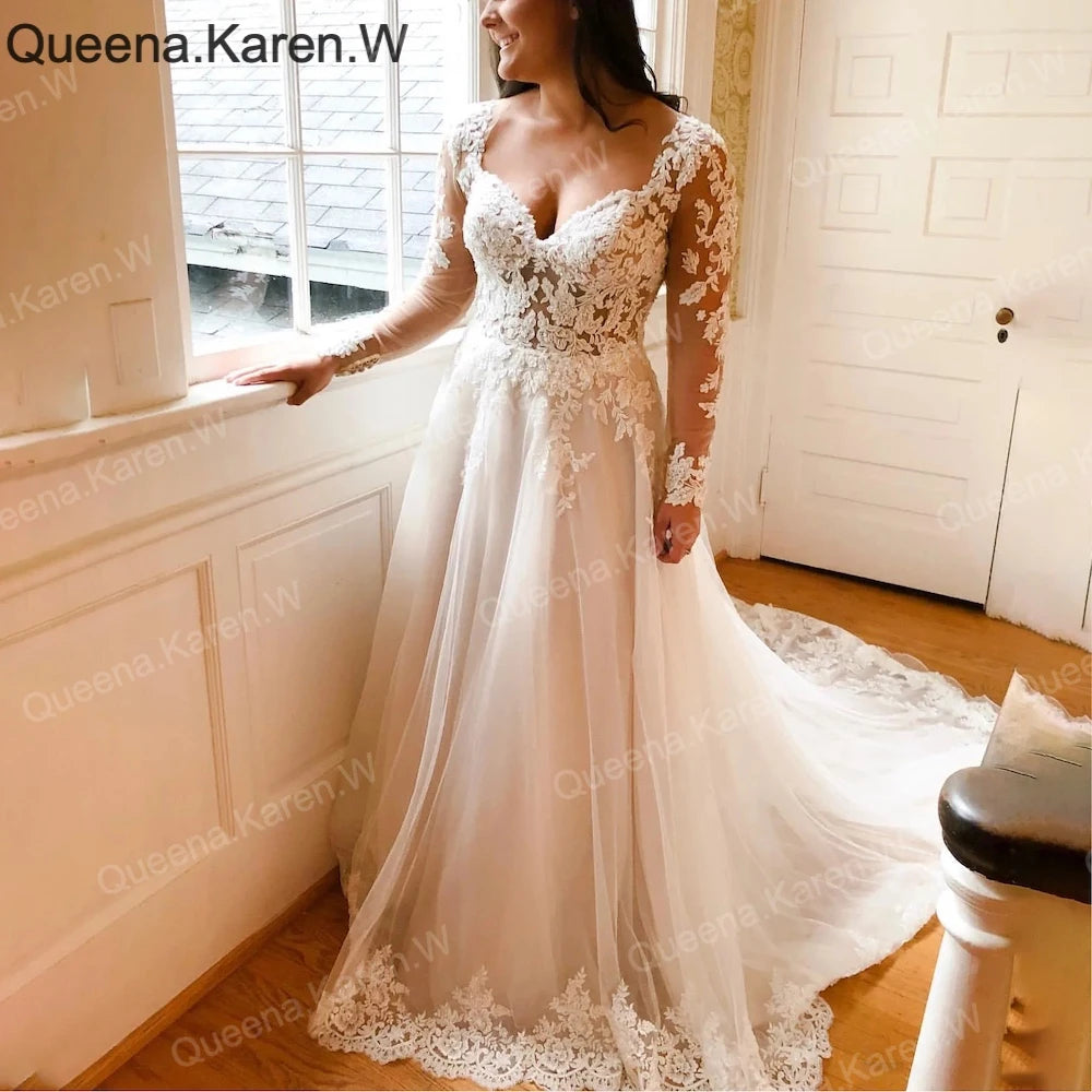 Elegant Wedding Dress long sleeve sweetheart lace applique bride dress robe de mariee A line Wedding Bridal Gown AL-QK170 Main image