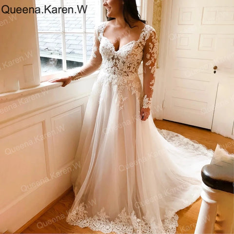 Elegant Wedding Dress long sleeve sweetheart lace applique bride dress robe de mariee A line Wedding Bridal Gown