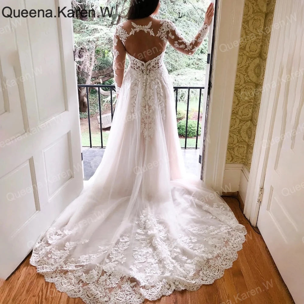 Elegant Wedding Dress long sleeve sweetheart lace applique bride dress robe de mariee A line Wedding Bridal Gown AL-QK170