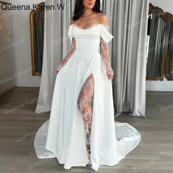 Elegant Wedding Dress off shoulder lace satin bride dress robe de mariee A line Wedding Bridal Gown