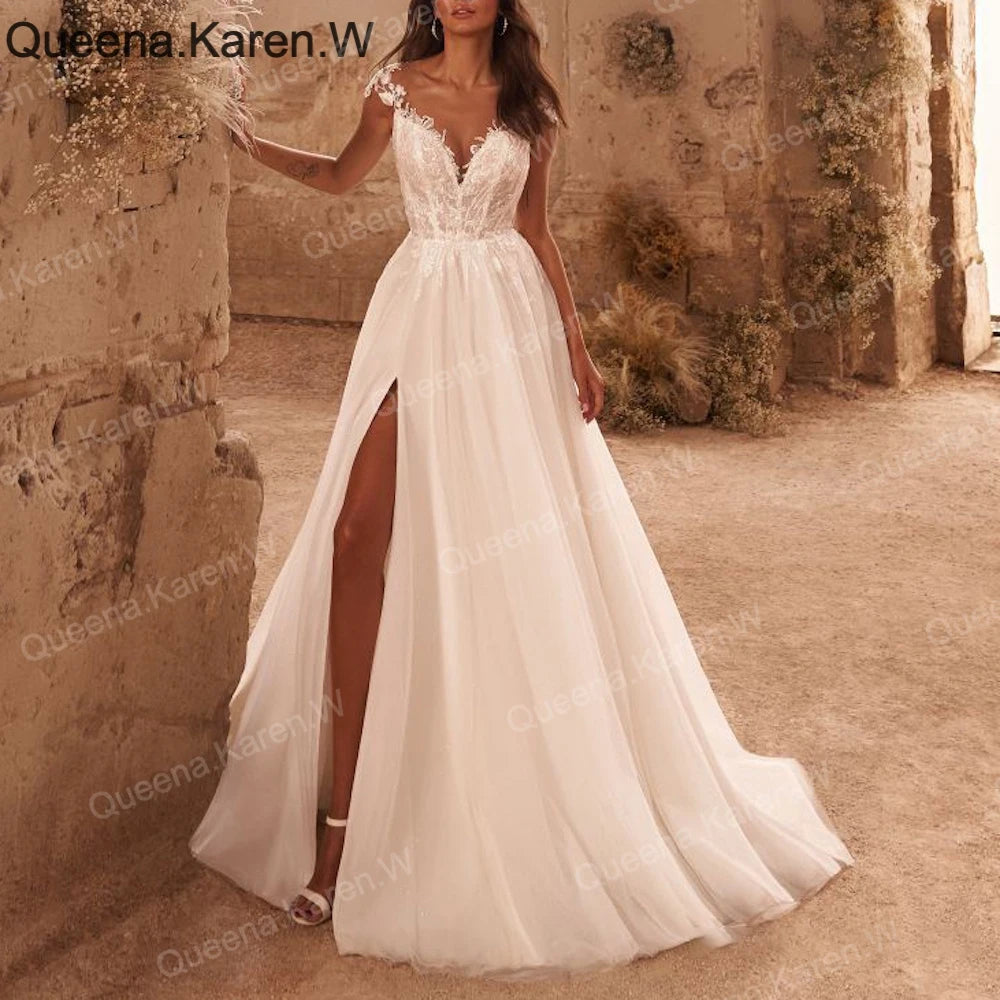 Elegant Wedding Dress sweetheart lace applique bride dress high split robe de mariee A line Wedding Bridal Gown AL-QK237 Main image