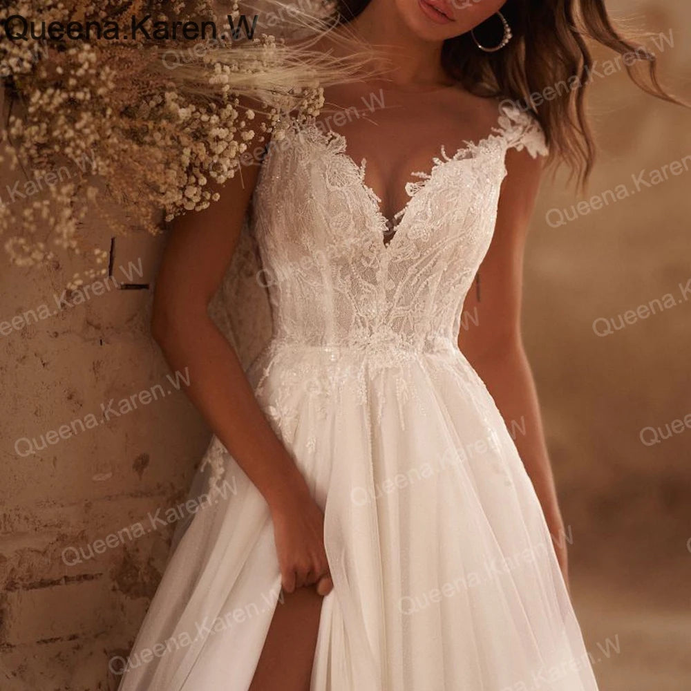 Elegant Wedding Dress sweetheart lace applique bride dress high split robe de mariee A line Wedding Bridal Gown AL-QK237