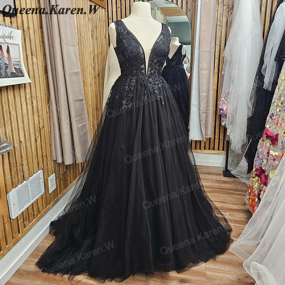 Elegant black Wedding Dress V neck lace applique bride dress robe de mariee A line Wedding Bridal Gown AL-QK86