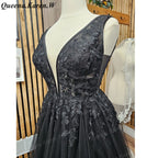 Elegant black Wedding Dress V neck lace applique bride dress robe de mariee A line Wedding Bridal Gown AL-QK86