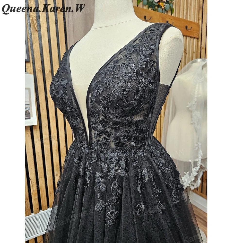 Elegant black Wedding Dress V neck lace applique bride dress robe de mariee A line Wedding Bridal Gown AL-QK86
