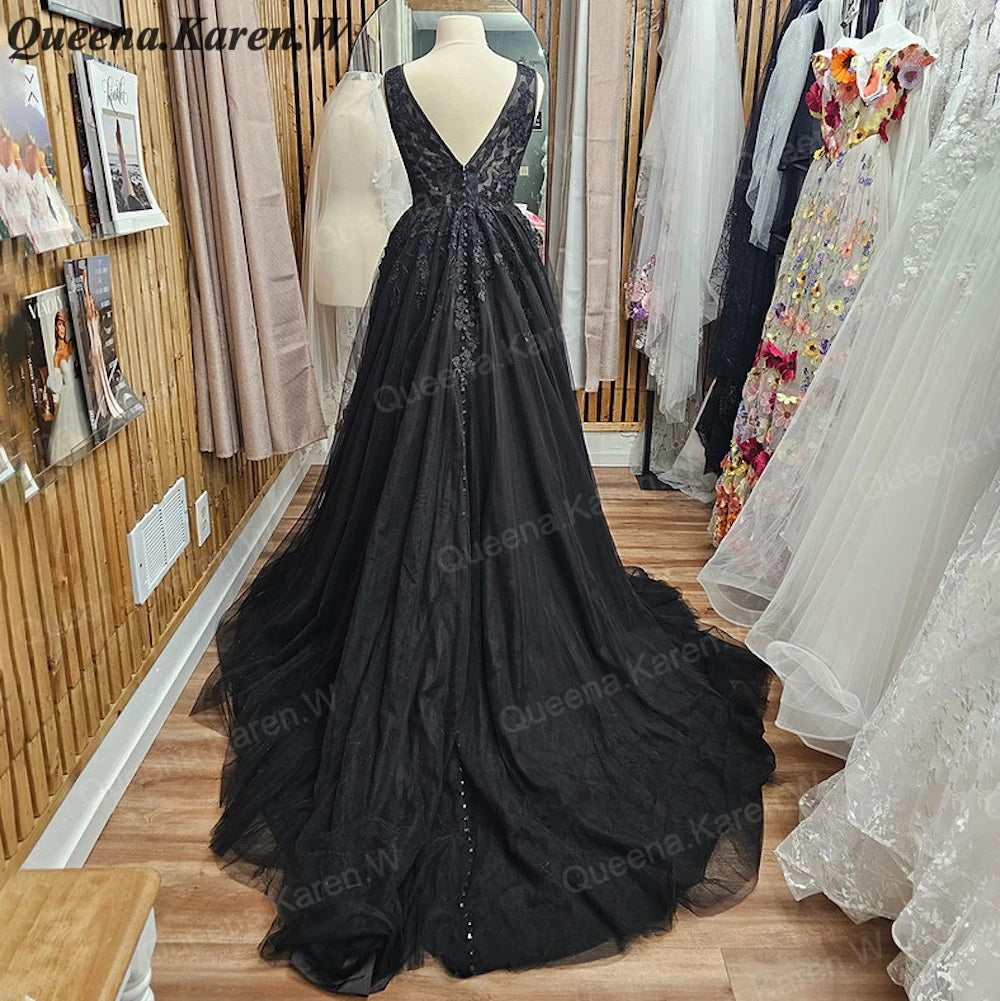 Elegant black Wedding Dress V neck lace applique bride dress robe de mariee A line Wedding Bridal Gown AL-QK86