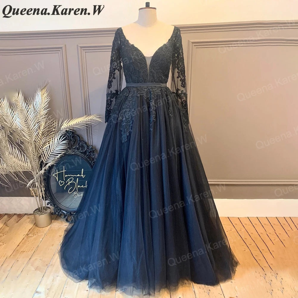 Elegant black Wedding Dress long sleeve V neck lace applique bride dress robe de mariee A line Wedding Bridal Gown AL-QK91