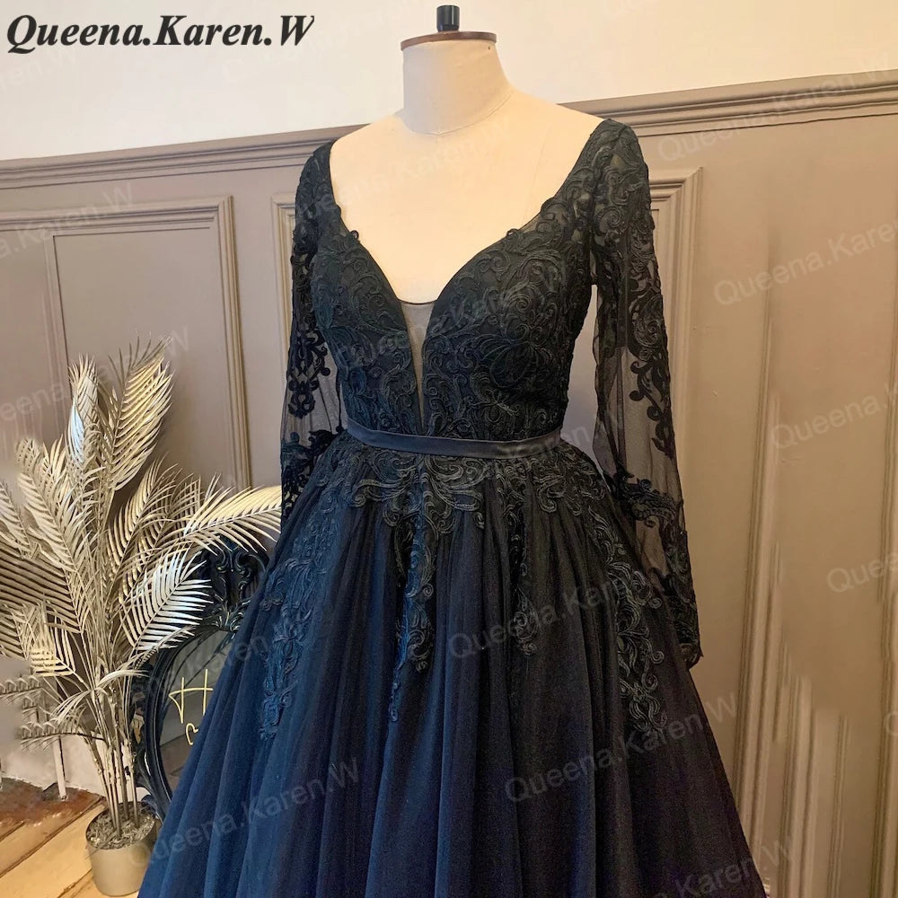 Elegant black Wedding Dress long sleeve V neck lace applique bride dress robe de mariee A line Wedding Bridal Gown AL-QK91