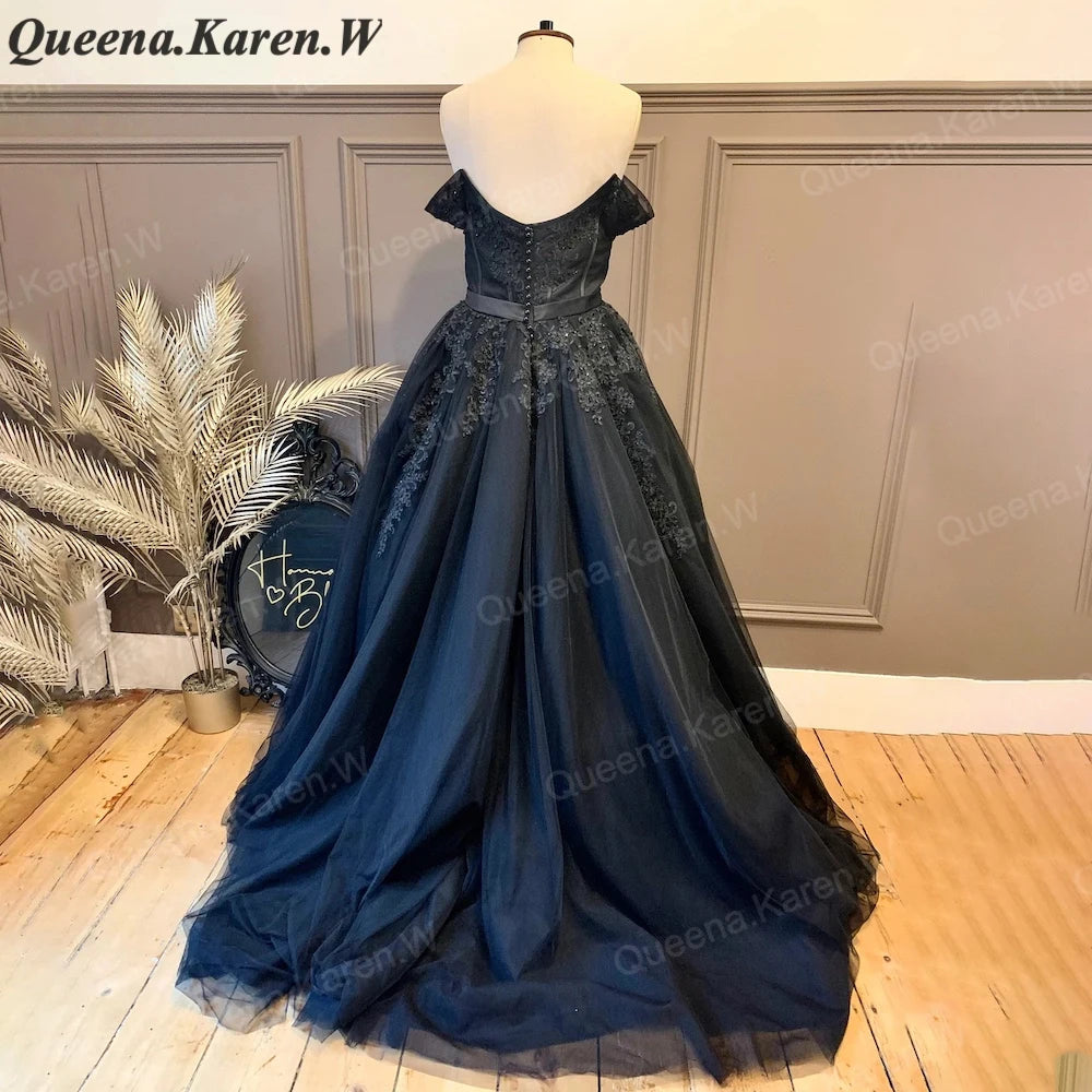 Elegant black Wedding Dress off shoulder lace applique bride dress robe de mariee A line Wedding Bridal Gown AL-QK54