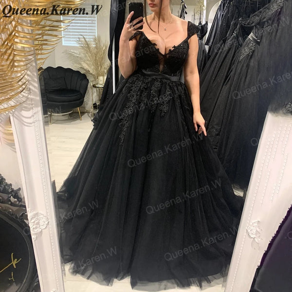Elegant black Wedding Dress off shoulder lace applique bride dress robe de mariee A line Wedding Bridal Gown