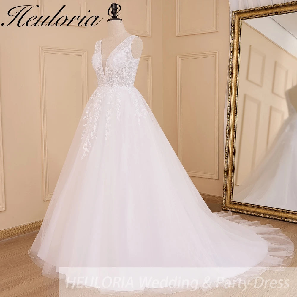 HEULORIA Elegant lace applique Boho Wedding Dress bride dress V neck plus size  A line Wedding Bride Gown AL-627A