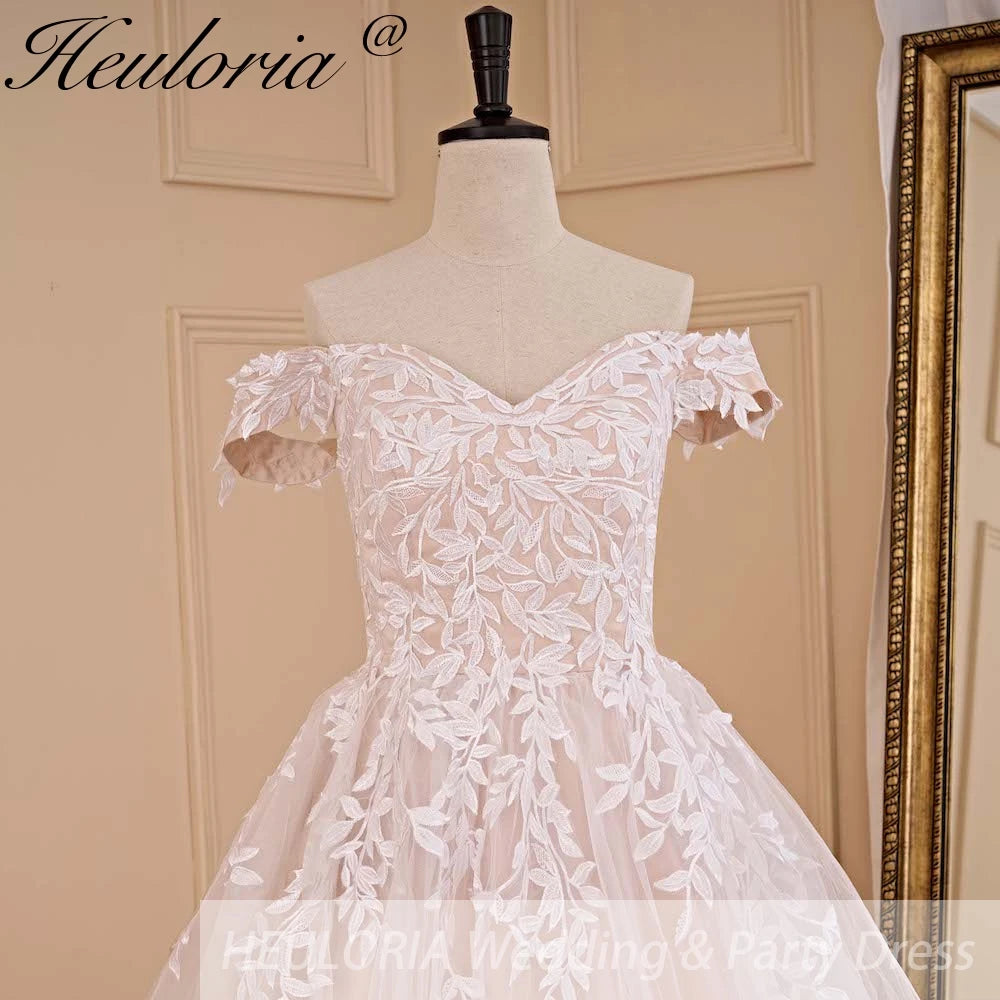 HEULORIA A-line Off the Shoulder Court Train Tulle Lace Wedding Dress AL-677