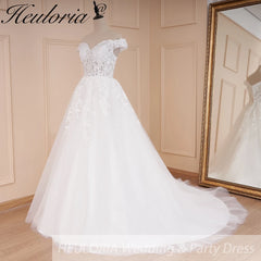 HEULORIA Elegant lace applique Boho Wedding Dress bride dress off shoulder plus size  A line Wedding Bride Gown
